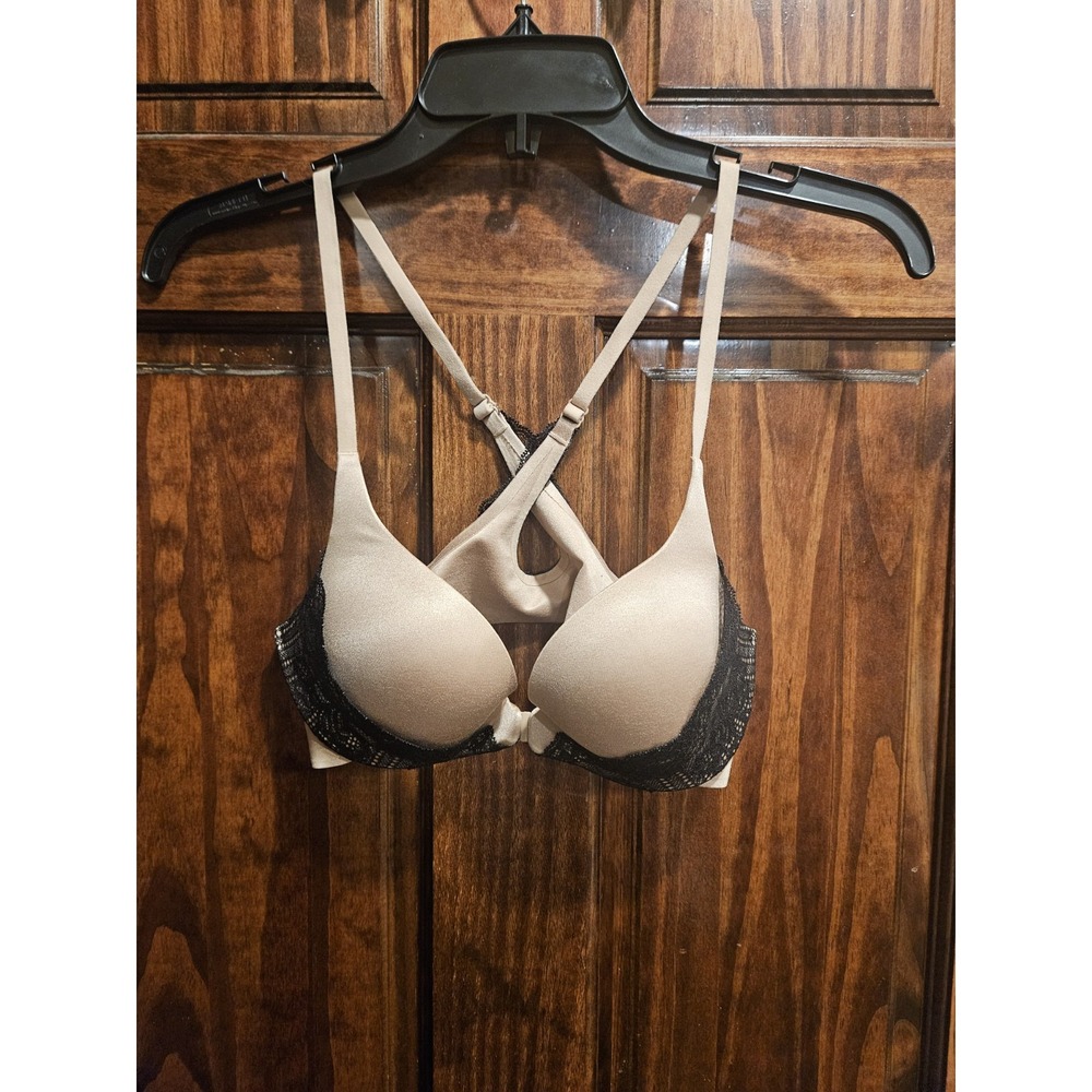 Victoria's Secret 34B Push Pigeonnant Front Clasp Lace Racerback Bra Beige Black
